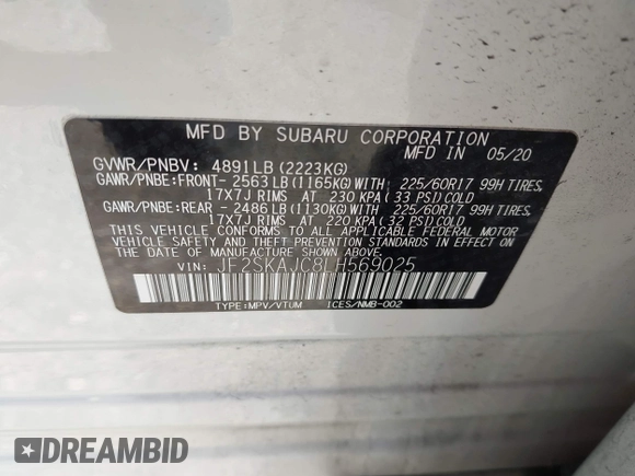 2020 Subaru Forester Premium with VIN JF2SKAJC8LH569025, listed as a IAAI auction lot 42471901 with 89,458 mi miles and . Bid and sale history available at DreamBid. Image 9.