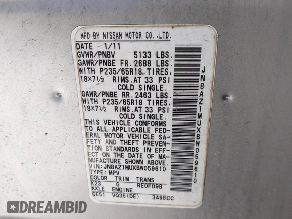 2011 Nissan Murano SL with VIN JN8AZ1MUXBW059610, listed as a IAAI auction lot 40720263 with 174,321 mi miles and . Bid and sale history available at DreamBid. Image 9.