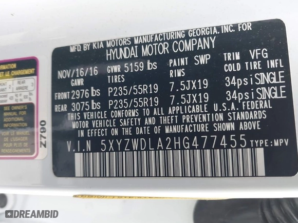 2017 Hyundai Santa Fe Sport 2.0T Ultimate with VIN 5XYZWDLA2HG477455, listed as a IAAI auction lot 41541008 with 1 mi miles. Bid and sale history available at carsss.com. Image 9.