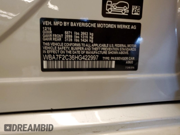 2017 BMW 7 Series with VIN WBA7F2C36HG422997, listed as a Copart auction lot 56149494 with Not Provided miles and Salvage Title. Bid and sale history available at DreamBid. Image 14.