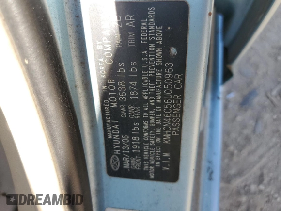 2006 Hyundai Accent GLS z VIN KMHCN46C56U050963, wystawiony jako Copart lot #60979955 z przebiegiem Nie podano mil oraz Czysty tytuł • Clean title. Historia ofert i sprzedaży dostępna na DreamBid. Obrazek 12.