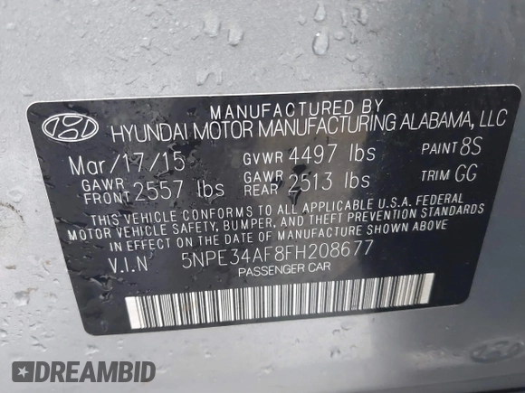 2015 Hyundai Sonata 2.4L Sport with VIN 5NPE34AF8FH208677, listed as a IAAI auction lot 41615270 with 141,639 mi miles. Bid and sale history available at carsss.com. Image 9.