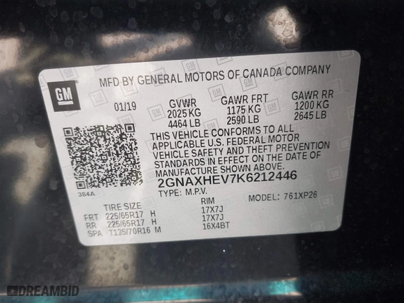 2019 Chevrolet Equinox LS with VIN 2GNAXHEV7K6212446, listed as a IAAI auction lot 42004161 with 123,863 mi miles. Bid and sale history available at carsss.com. Image 9.
