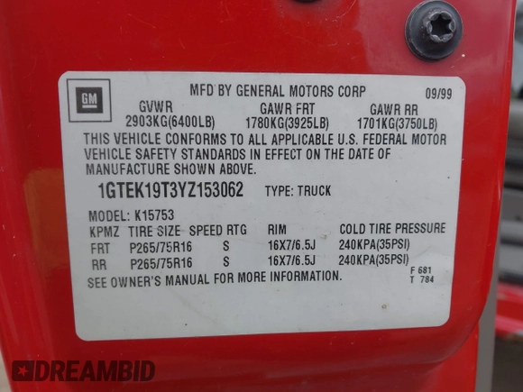 2000 GMC Sierra 1500 SLE with VIN 1GTEK19T3YZ153062, listed as a IAAI auction lot 41827424 with Not Provided miles and . Bid and sale history available at DreamBid. Image 9.