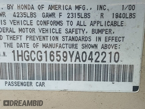 2000 Honda Accord EX with VIN 1HGCG1659YA042210, listed as a IAAI auction lot 42587079 with 149,192 mi miles and . Bid and sale history available at DreamBid. Image 9.