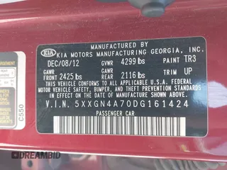 2013 Kia Optima EX with VIN 5XXGN4A70DG161424, listed as a IAAI auction lot 42084131 with 248,358 mi miles. Bid and sale history available at carsss.com. Image 9.