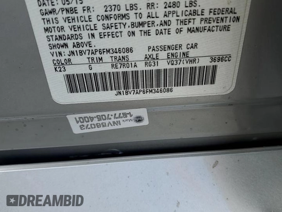 2015 Infiniti Q50 Premium z VIN JN1BV7AP6FM346086, wystawiony jako Copart lot #56973025 z przebiegiem 97 463 mil mil oraz Szkoda całkowita • Salvage title. Historia ofert i sprzedaży dostępna na DreamBid. Obrazek 12.