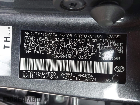 2022 Toyota Prius L Eco with VIN JTDKAMFU4N3183352, listed as a IAAI auction lot 42170623 with 52,244 mi miles and . Bid and sale history available at DreamBid. Image 9.