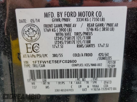 2014 Ford F-150 XL z VIN 1FTFW1ET5EFC02600, wystawiony jako Copart lot #63622955 z przebiegiem 168 739 mil mil oraz Czysty tytuł • Clean title. Historia ofert i sprzedaży dostępna na DreamBid. Obrazek 12.