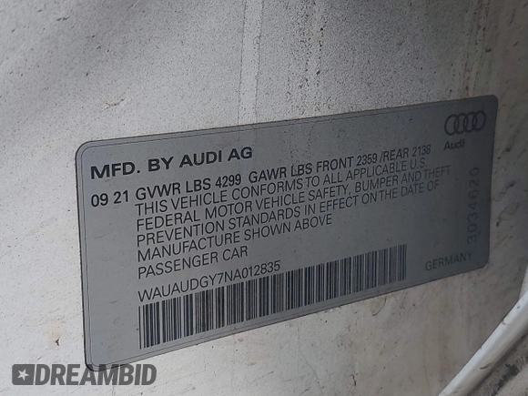2022 Audi A3 Premium with VIN WAUAUDGY7NA012835, listed as a IAAI auction lot 41229617 with 32,151 mi miles. Bid and sale history available at carsss.com. Image 9.