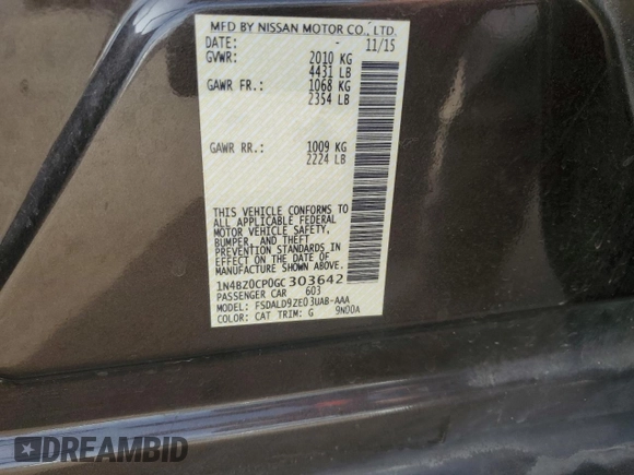 2016 Nissan LEAF SV with VIN 1N4BZ0CP0GC303642, listed as a Copart auction lot 84659664 with 95,180 mi miles and Salvage Title. Bid and sale history available at carsss.com. Image 14.
