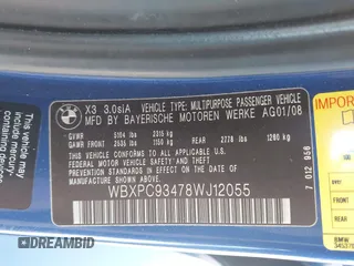 2008 BMW X3 3.0si with VIN WBXPC93478WJ12055, listed as a IAAI auction lot 42083053 with 164,061 mi miles and . Bid and sale history available at DreamBid. Image 9.