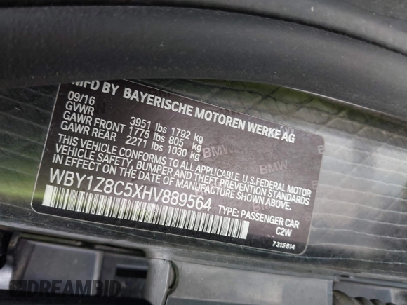 2017 BMW i3 z VIN WBY1Z8C5XHV889564, wystawiony jako IAAI lot #42239516 z przebiegiem 54 400 mil mil oraz . Historia ofert i sprzedaży dostępna na DreamBid. Obrazek 9.