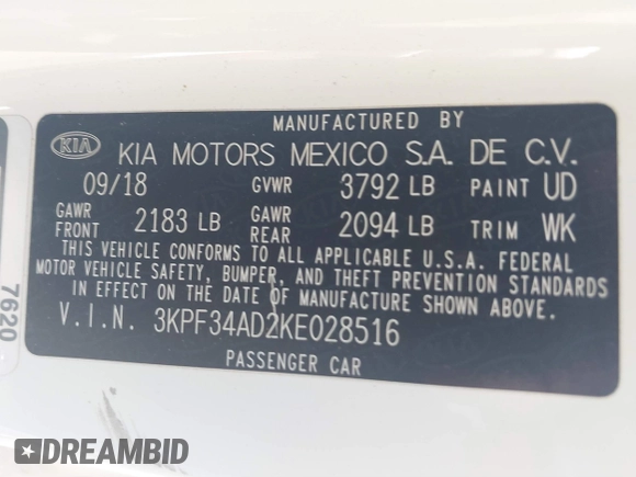 2019 Kia Forte S with VIN 3KPF34AD2KE028516, listed as a IAAI auction lot 41749001 with 233,472 mi miles. Bid and sale history available at carsss.com. Image 9.