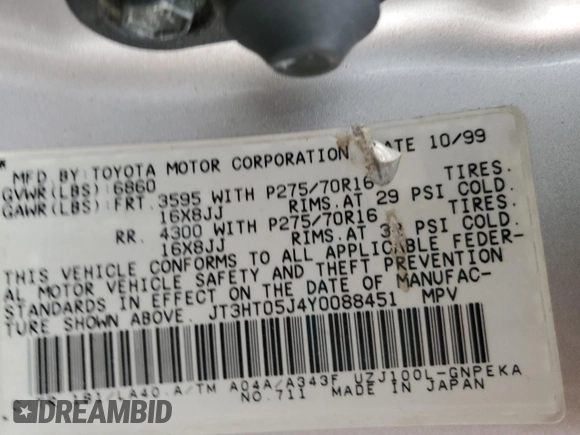 2000 Toyota Land Cruiser z VIN JT3HT05J4Y0088451, wystawiony jako Copart lot #52208905 z przebiegiem 329 751 mil mil oraz Nie do naprawy • Non repairable. Historia ofert i sprzedaży dostępna na DreamBid. Obrazek 14.