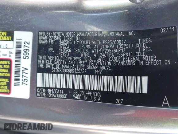 2011 Toyota Sienna with VIN 5TDZK3DC6BS125737, listed as a IAAI auction lot 41815233 with 248,318 mi miles. Bid and sale history available at carsss.com. Image 9.