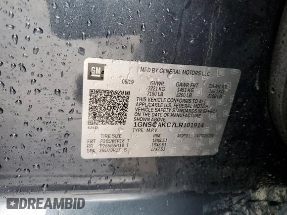 2020 Chevrolet Tahoe LS with VIN 1GNSCAKC7LR101914, listed as a Copart auction lot 70078434 with 70,841 mi miles and Salvage title. Bid and sale history available at DreamBid. Image 14.