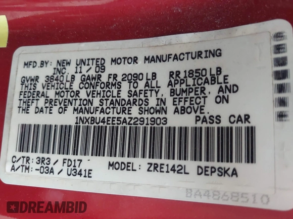 2010 Toyota Corolla with VIN 1NXBU4EE5AZ291903, listed as a IAAI auction lot 42143469 with 123,747 mi miles and . Bid and sale history available at DreamBid. Image 9.