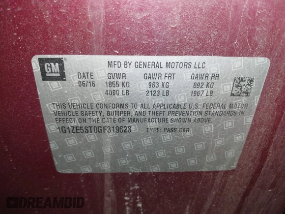 2016 Chevrolet Malibu LT with VIN 1G1ZE5ST0GF319623, listed as a IAAI auction lot 41844320 with 84,372 mi miles and . Bid and sale history available at DreamBid. Image 9.