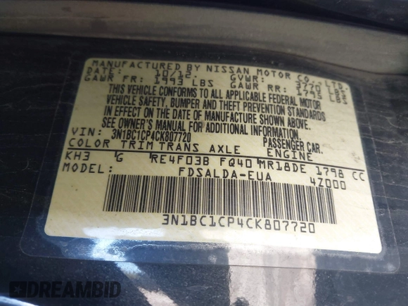 2012 Nissan Versa S with VIN 3N1BC1CP4CK807720, listed as a IAAI auction lot 41779696 with 151,612 mi miles. Bid and sale history available at carsss.com. Image 9.
