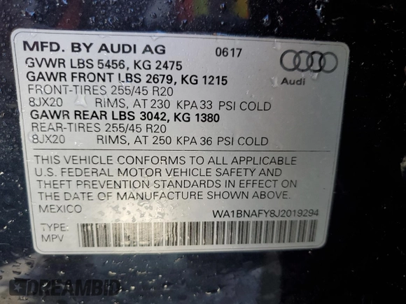 2018 Audi Q5 Premium Plus with VIN WA1BNAFY8J2019294, listed as a Copart auction lot 35861463 with 38,506 mi miles and . Bid and sale history available at DreamBid. Image 13.