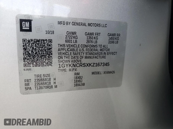 2019 Cadillac XT5 Luxury FWD with VIN 1GYKNCRSXKZ167345, listed as a Copart auction lot 54727105 with Not Provided miles and Salvage Title. Bid and sale history available at DreamBid. Image 14.