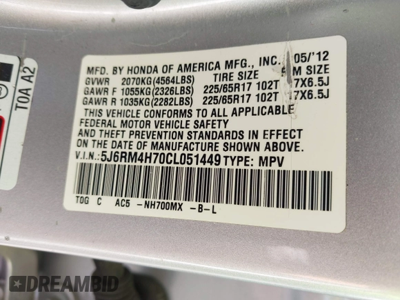 2012 Honda CR-V EX-L with VIN 5J6RM4H70CL051449, listed as a IAAI auction lot 42377210 with 119,654 mi miles and . Bid and sale history available at DreamBid. Image 9.