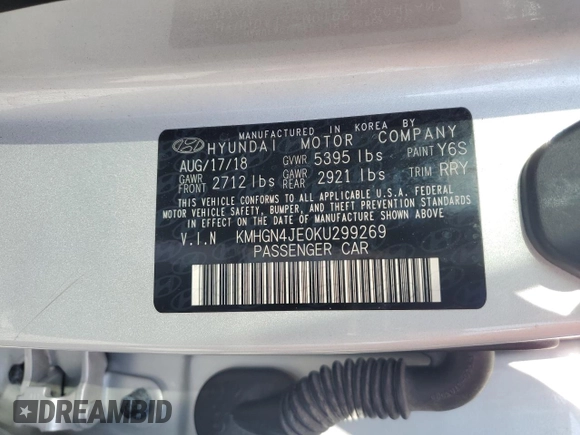 2019 Genesis G80 3.8L with VIN KMHGN4JE0KU299269, listed as a Copart auction lot 52155675 with 65,743 mi miles and Salvage title. Bid and sale history available at DreamBid. Image 13.