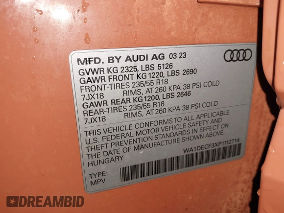 2023 Audi Q3 S line Premium z VIN WA1DECF3XP1112714, wystawiony jako IAAI lot #41918405 z przebiegiem 30 969 mil mil oraz . Historia ofert i sprzedaży dostępna na DreamBid. Obrazek 9.