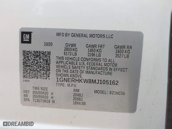 2021 Chevrolet Traverse LT Leather with VIN 1GNERHKW8MJ105162, listed as a IAAI auction lot 41437189 with 72,722 mi miles. Bid and sale history available at carsss.com. Image 9.