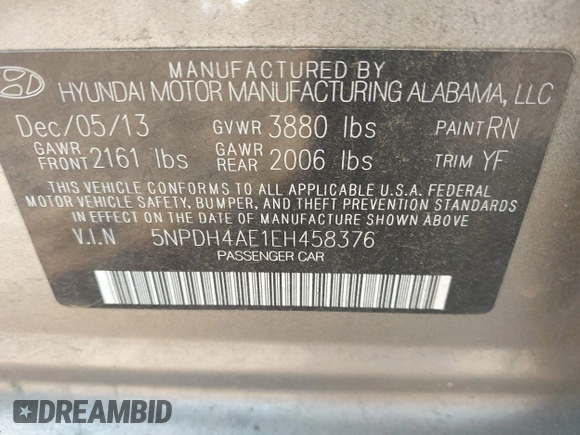 2014 Hyundai Elantra SE with VIN 5NPDH4AE1EH458376, listed as a IAAI auction lot 42577830 with 193,319 mi miles and . Bid and sale history available at DreamBid. Image 9.
