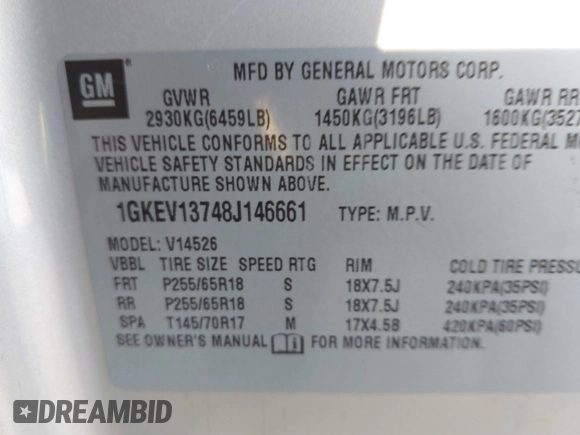 2008 GMC Acadia SLE1 with VIN 1GKEV13748J146661, listed as a IAAI auction lot 41407263 with 194,748 mi miles. Bid and sale history available at carsss.com. Image 9.