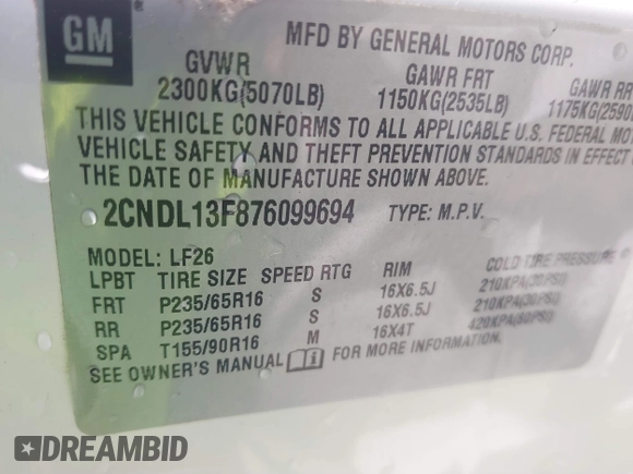 2007 Chevrolet Equinox LS with VIN 2CNDL13F876099694, listed as a IAAI auction lot 41503664 with 116,165 mi miles. Bid and sale history available at carsss.com. Image 9.