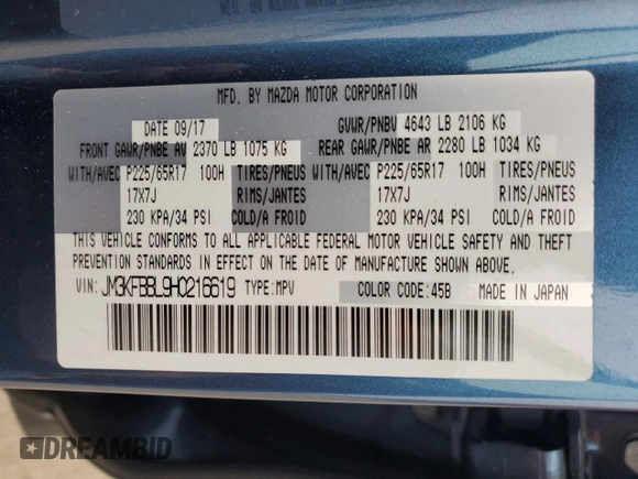 2017 Mazda CX-5 Sport with VIN JM3KFBBL9H0216619, listed as a Copart auction lot 43549865 with 92,262 mi miles and Salvage Title. Bid and sale history available at carsss.com. Image 12.