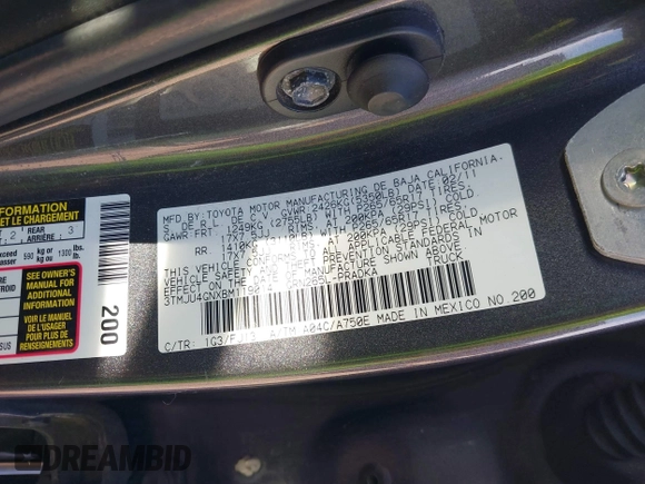 2011 Toyota Tacoma PreRunner with VIN 3TMJU4GNXBM119014, listed as a IAAI auction lot 41353762 with 151,375 mi miles and . Bid and sale history available at DreamBid. Image 9.