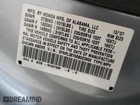 2008 Honda Odyssey EX-L with VIN 5FNRL38768B023992, listed as a Copart auction lot 52946215 with 227,081 mi miles and Salvage Title. Bid and sale history available at carsss.com. Image 13.