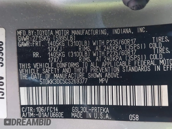2012 Toyota Sienna LE AAS with VIN 5TDKK3DC5CS269377, listed as a IAAI auction lot 41828866 with 1 mi miles. Bid and sale history available at carsss.com. Image 9.