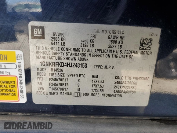 2017 Chevrolet Traverse LS с VIN 1GNKRFKD4HJ248153, выставлен на аукционе Copart как лот 66023355 с пробегом 144 585 миль миль и Списание • Salvage title. История ставок и продаж доступна на DreamBid. Изображение 14.