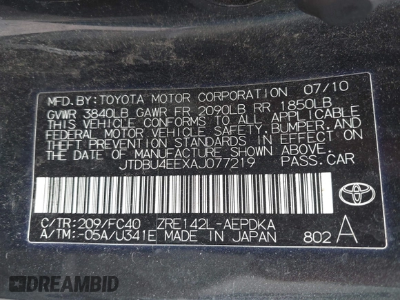 2010 Toyota Corolla with VIN JTDBU4EEXAJ077219, listed as a IAAI auction lot 42757122 with 169,148 mi miles and . Bid and sale history available at DreamBid. Image 9.