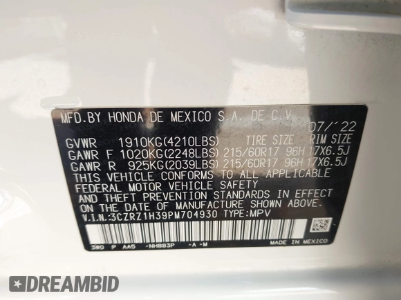 2023 Honda HR-V LX with VIN 3CZRZ1H39PM704930, listed as a IAAI auction lot 41828629 with 45,441 mi miles and . Bid and sale history available at DreamBid. Image 9.