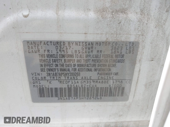 2017 Nissan Sentra S with VIN 3N1AB7AP5HY289268, listed as a IAAI auction lot 40318804 with 137,565 mi miles. Bid and sale history available at carsss.com. Image 9.