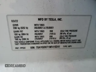 2022 Tesla Model Y Performance with VIN 7SAYGDEF1NF410241, listed as a Copart auction lot 45017155 with 42,652 mi miles and Salvage Title. Bid and sale history available at DreamBid. Image 13.