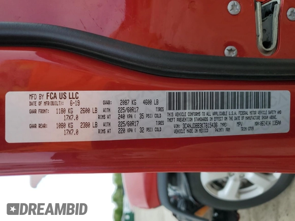 2019 Jeep Compass Latitude with VIN 3C4NJDBB3KT815436, listed as a Copart auction lot 56023625 with 86,529 mi miles and Salvage title. Bid and sale history available at DreamBid. Image 12.