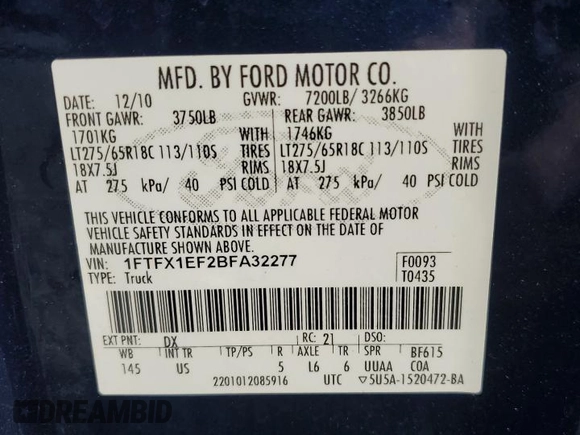2011 Ford F-150 XL with VIN 1FTFX1EF2BFA32277, listed as a Copart auction lot 57444615 with 157,962 mi miles and Clean title. Bid and sale history available at DreamBid. Image 12.