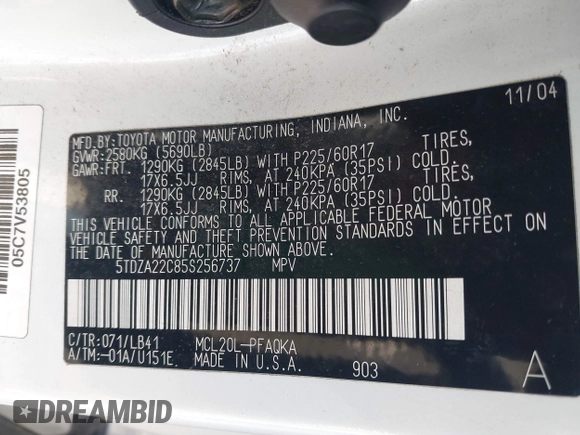2005 Toyota Sienna XLE with VIN 5TDZA22C85S256737, listed as a IAAI auction lot 41635747 with 195,561 mi miles and . Bid and sale history available at DreamBid. Image 9.