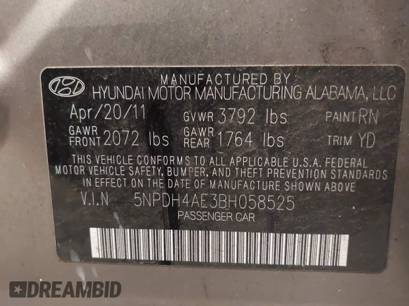 2011 Hyundai Elantra GLS with VIN 5NPDH4AE3BH058525, listed as a IAAI auction lot 41841689 with 138,853 mi miles. Bid and sale history available at carsss.com. Image 9.