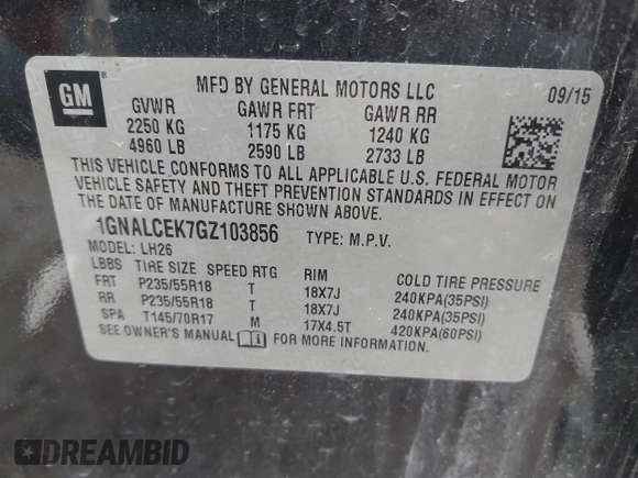 2016 Chevrolet Equinox LT with VIN 1GNALCEK7GZ103856, listed as a IAAI auction lot 42220903 with 168,365 mi miles and . Bid and sale history available at DreamBid. Image 9.