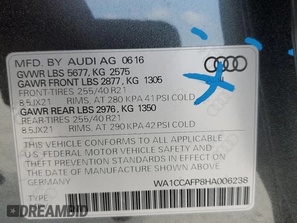 2017 Audi SQ5 Premium Plus with VIN WA1CCAFP8HA006238, listed as a Copart auction lot 51199354 with 101,829 mi miles. Bid and sale history available at carsss.com. Image 14.