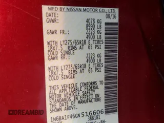 2016 Nissan Titan SL with VIN 1N6BA1F46GN516606, listed as a Copart auction lot 54073565 with 38,097 mi miles and Salvage title. Bid and sale history available at DreamBid. Image 12.