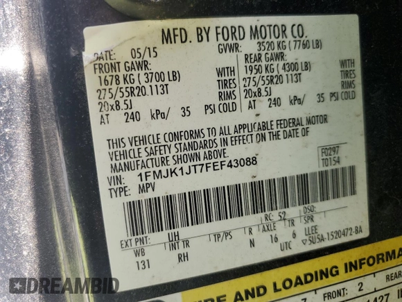 2015 Ford Expedition Max XLT with VIN 1FMJK1JT7FEF43088, listed as a Copart auction lot 64259455 with 135,522 mi miles and Salvage title. Bid and sale history available at DreamBid. Image 13.